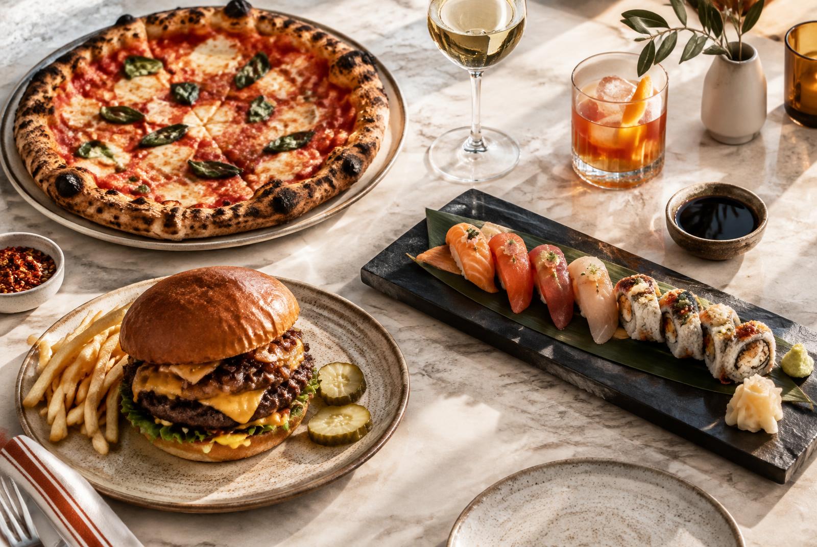 Pizza, hambúrguer e sushi representando negócios do setor food